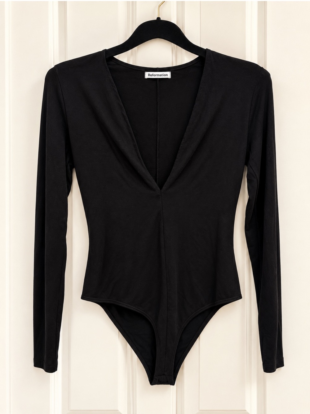 Reformation Black Deep V Long Sleeve Troye Knit Bodysuit Size L worn 2x